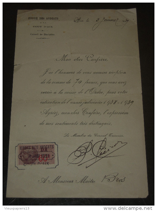 Fiscal/document De 1939 Surcharge D.A. 60c Oblitération Ordre Des Avocats 3 Janv 1939 Cour D'Aix/Conseil De Discipline - Storia Postale