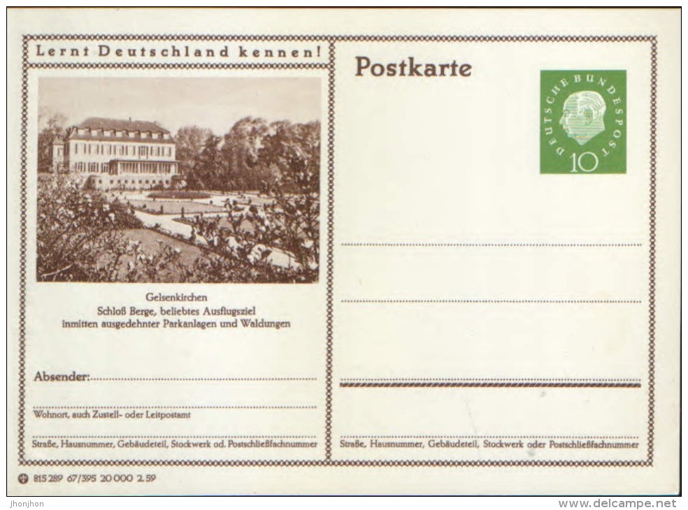 Germany/Federal Republic -Postal Stationery Postcard Unused 1959- P41,Gelsenkirchen Schloss Berge - Cartoline - Nuovi