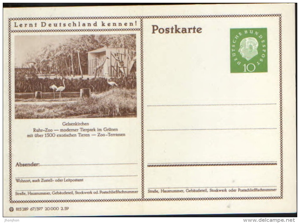 Germany/Federal Republic -Postal Stationery Postcard Unused 1959- P41,Gelsenkirchen Ruhr-Zoo - Cartes Postales - Neuves