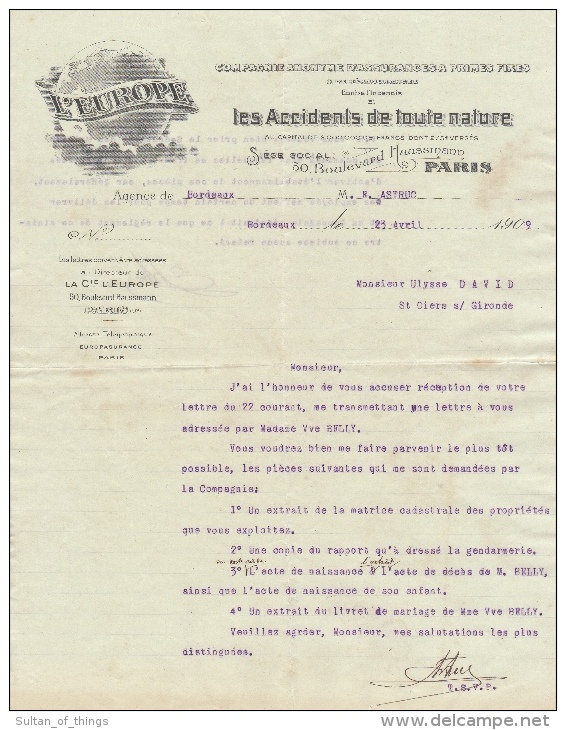 1909 Brief Lettre Factuur Invoice L'Europe Assurances Paris Boulevard Haussmann - Banque & Assurance