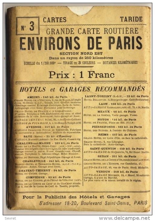 Carte TARIDE - Environs De Paris . Section Nord Est. Tirage 3 Couleurs. Hôtels Et Garages. - Landkarten