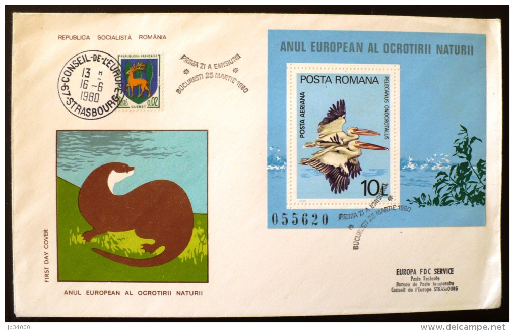 ROUMANIE Oiseaux (pelicans) Yvert BF 141, Enveloppe 1er Jour, FDC, Emis En 1980. Tirage Limité Et Numéroté 75/065 - Pelicans