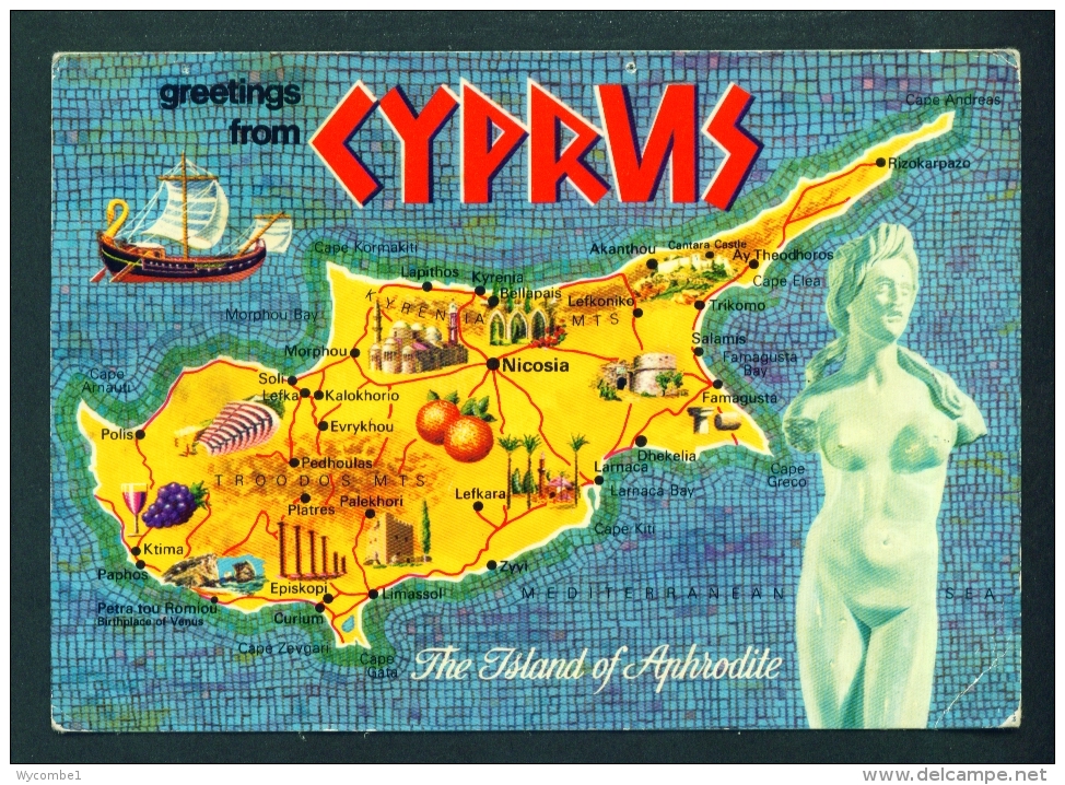 CYPRUS  -  Map And Statue Of Aphrodite  Used Postcard Mailed To The UK As Scans - Cyprus