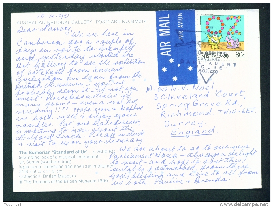 AUSTRALIA  -  National Gallery  The Sumerian Standard Of Ur Postcard Mailed To The UK As Scans - Canberra (ACT)