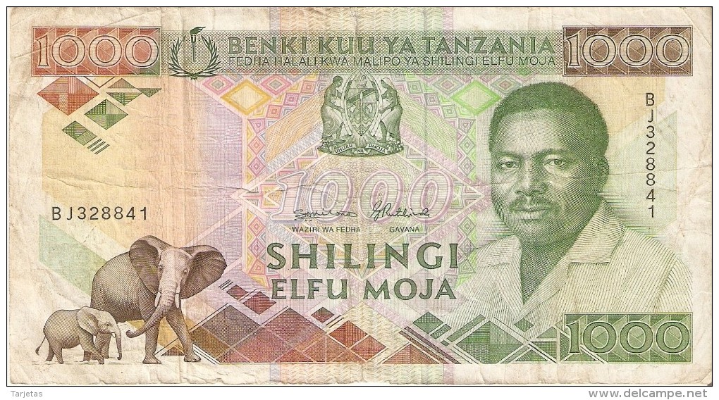 BILLETE DE TANZANIA DE 1000 SHILINGI DEL AÑO 1989 (BANKNOTE) ELEFANTE-ELEPHANT - Tanzanie