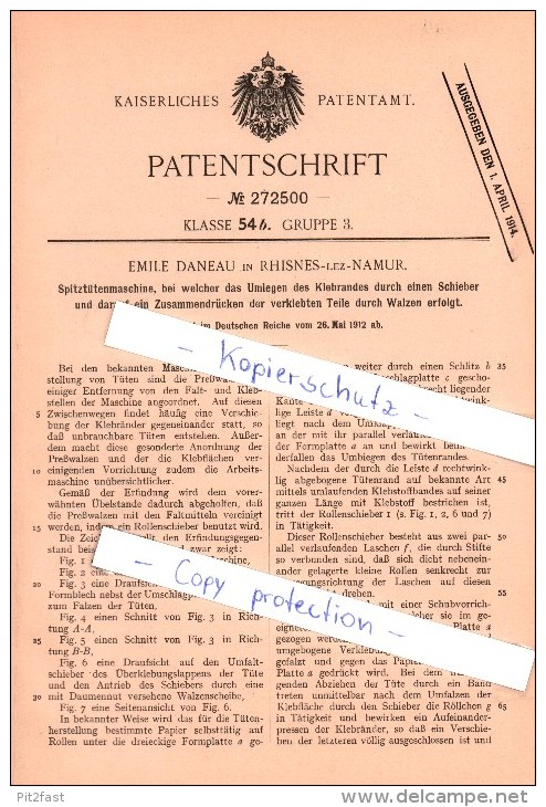 Original Patent - Emile Daneau In Rhisnes B. Namur , 1912 , Spitztütenmaschine , Maschinenbau !!! - Namur