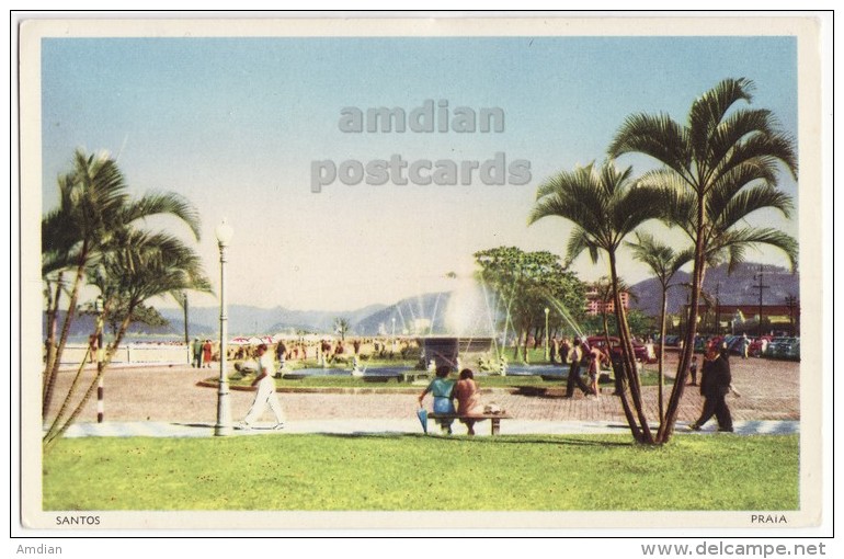 BRAZIL SANTOS PRAIA - BEACH PROMENADE VIEW - FOUNTAIN - C1950s Vintage Unused Postcard - BRAZIL - Other & Unclassified