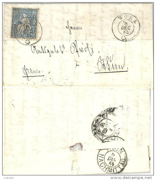 Faltbrief  Worb - Thun          1865 - Oblitérés