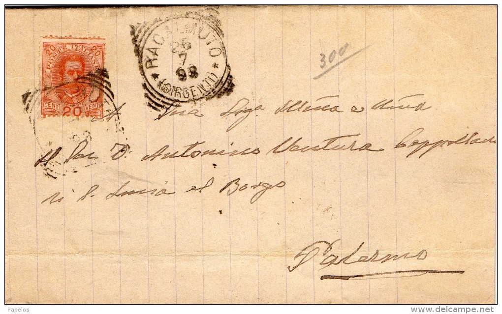 1898 LETTERA CON ANNULLO RACALMUTO AGRIGENTO - DENTELLATURA SPOSTATA - Marcofilie