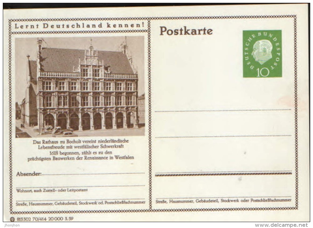 Germany/Federal Republic - Postal Stationery Postcard Unused 1959- P41  Das Rathaus Zu Bocholt - Postcards - Mint