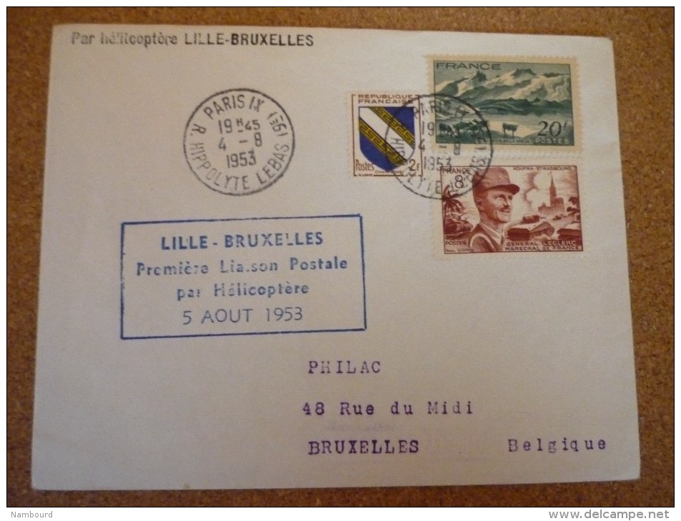 Première Liaison Postale Lille Bruxelles Par Hélicoptère 5/08/1953 - Eerste Vluchten