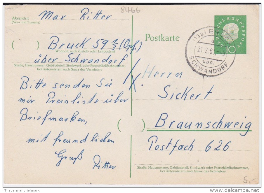 Bund Heuss Med P 37 PSt I Stempel Bruck ü Schwandorf 1961 - Cartes Postales - Oblitérées