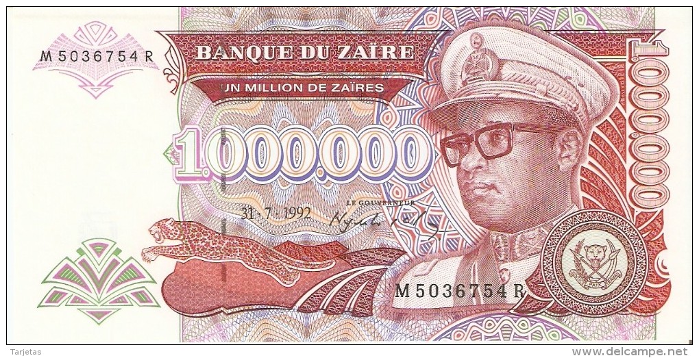 BILLETE DE ZAIRE DE 1000000 ZAIRES DEL AÑO 1992 (BANKNOTE) SIN CIRCULAR-UNCIRCULATED - Zaire