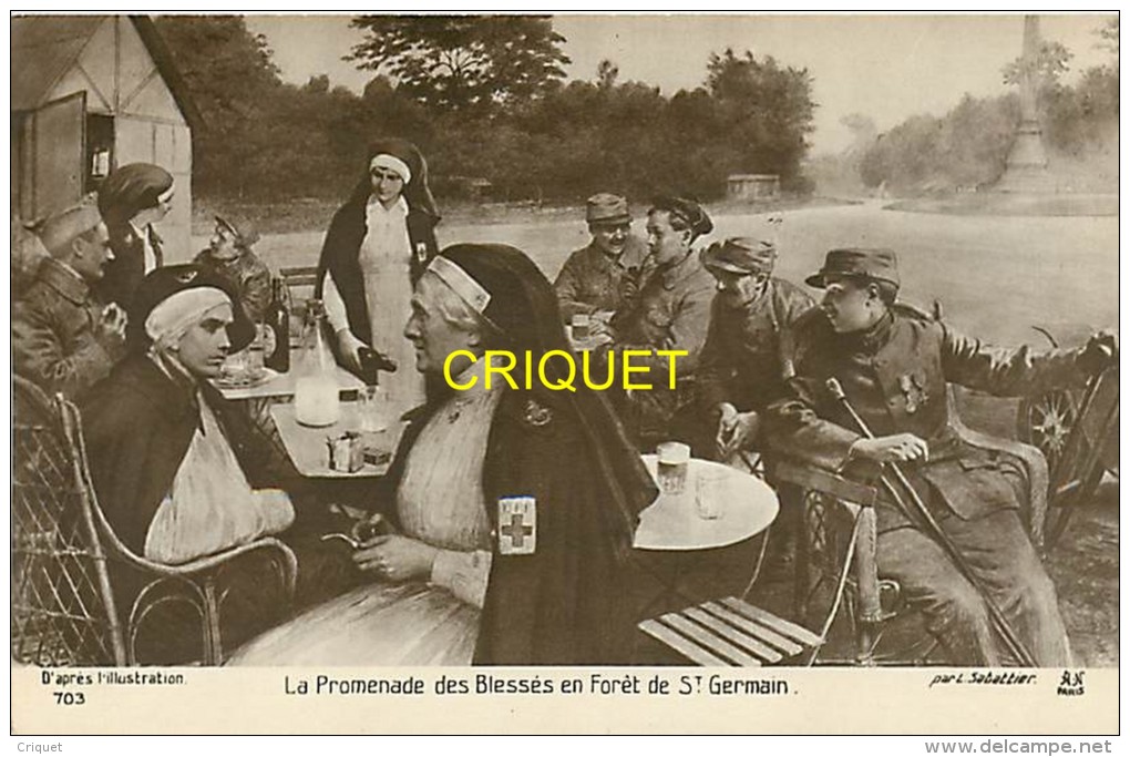 Guerre 14-18 Illustrée Par Sabattier, La Promenade Des Blessés En Forêt De St Germain, Poilus Et Infirmières... - Guerre 1914-18