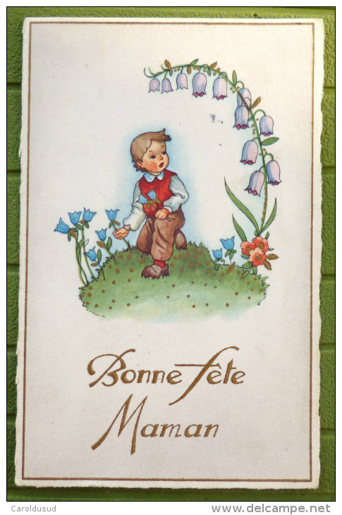 Cp Litho Illustrateur Lore H Hummel Fete Maman Enfant Garcon Sous Grandes Fleurs Clochettes Campanule 1956 Vosges - Hummel