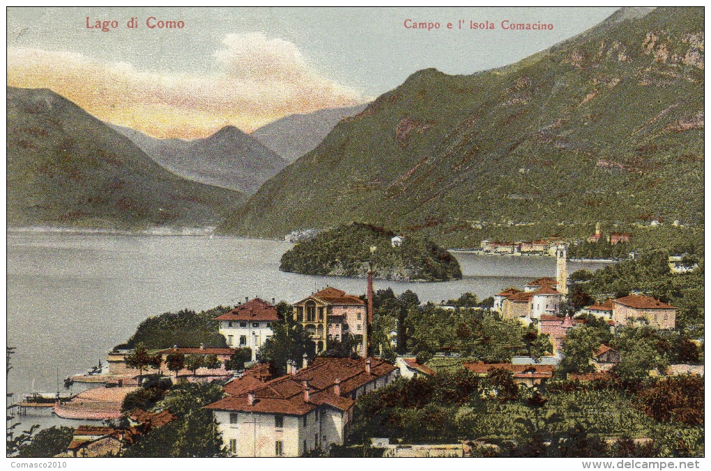 CARTOLINA D'EPOCA DICAMPO E ISOLA COMACINA PANORAMA INIZIO 900 VIAGGIATA NEL 1913 - Como