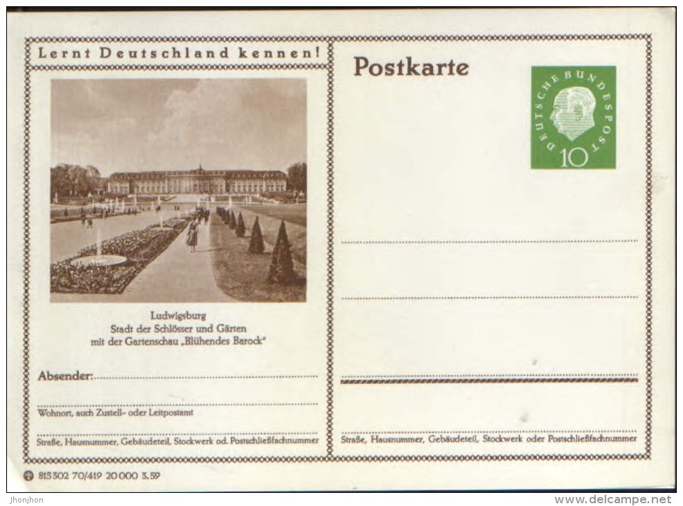 Germani/Federal Republic - Postal Stationery Postcard Unused 1959 - P41 Ludwigsburg - Postcards - Mint