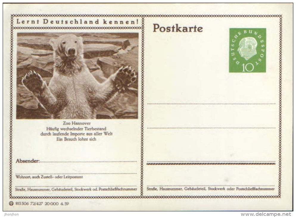 Germani/Federal Republic - Postal Stationery Postcard Unused 1959 - P41 Zoo Hannover - Cartes Postales - Neuves