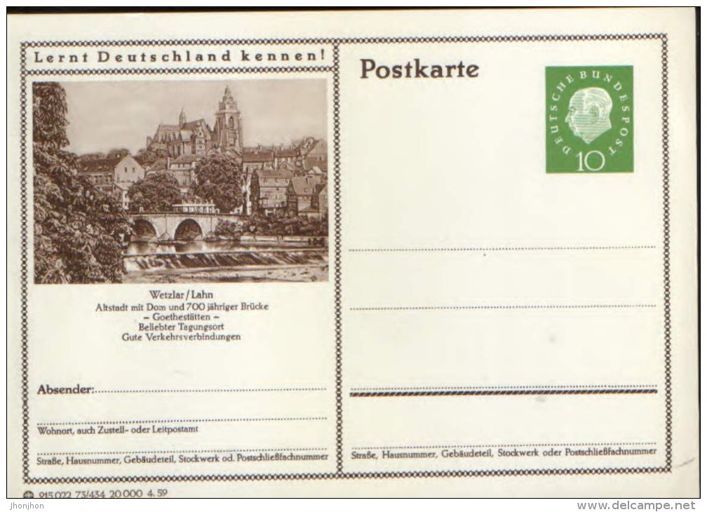 Germani/Federal Republic - Postal Stationery Postcard Unused 1959 - P41 Wetzlar/Lahn - Cartes Postales - Neuves