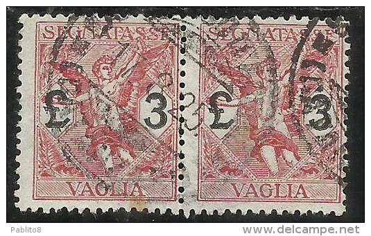 ITALY KINGDOM ITALIA REGNO 1924 SEGNATASSE TAXES TASSE DUE PER VAGLIA LIRE 3 COPPIA USATA PAIR USED - Strafport Voor Mandaten