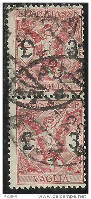 ITALY KINGDOM ITALIA REGNO 1924 SEGNATASSE TAXES TASSE DUE PER VAGLIA LIRE 3 COPPIA USATA PAIR USED - Taxe Pour Mandats