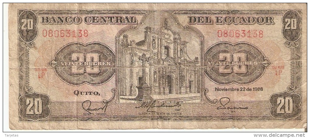 BILLETE DE ECUADOR DE 20 SUCRES DEL AÑO 1988   (BANKNOTE) - Ecuador