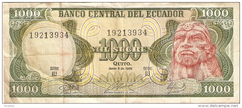 BILLETE DE ECUADOR DE 1000 SUCRES DEL AÑO 1988 (BANKNOTE) - Ecuador