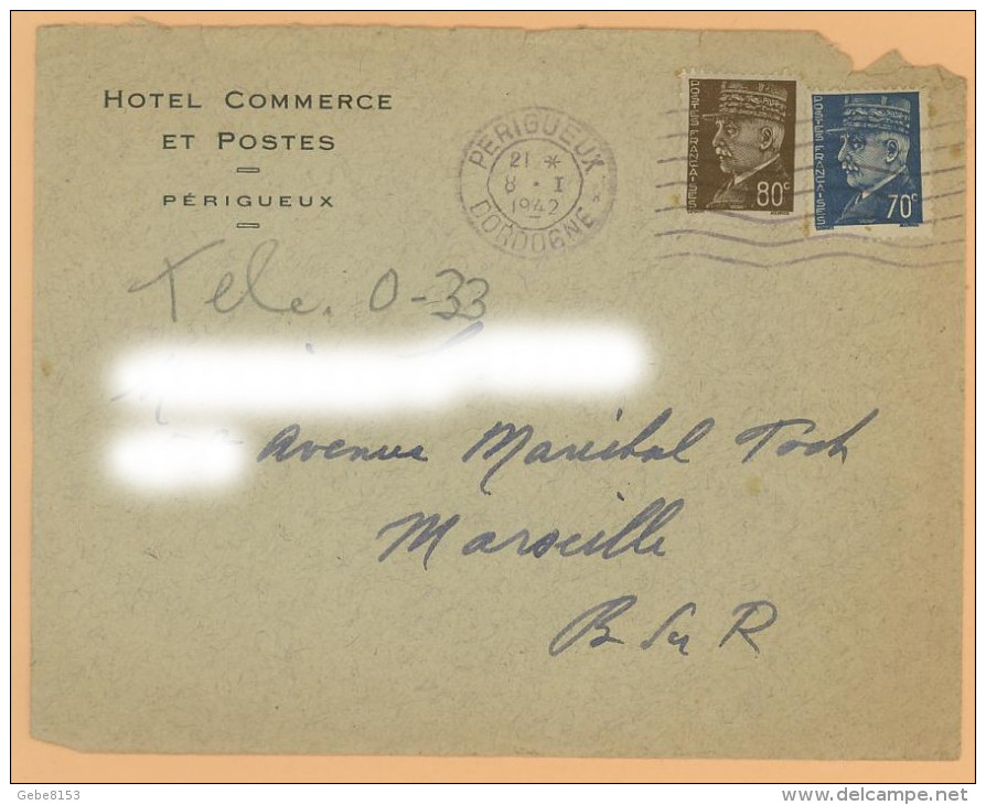 Timbres Pétain De Hourriez Sur Enveloppe Hôtel Commerce Et Postes De Périgueux 24 + Cachet Et Flamme - Altri & Non Classificati