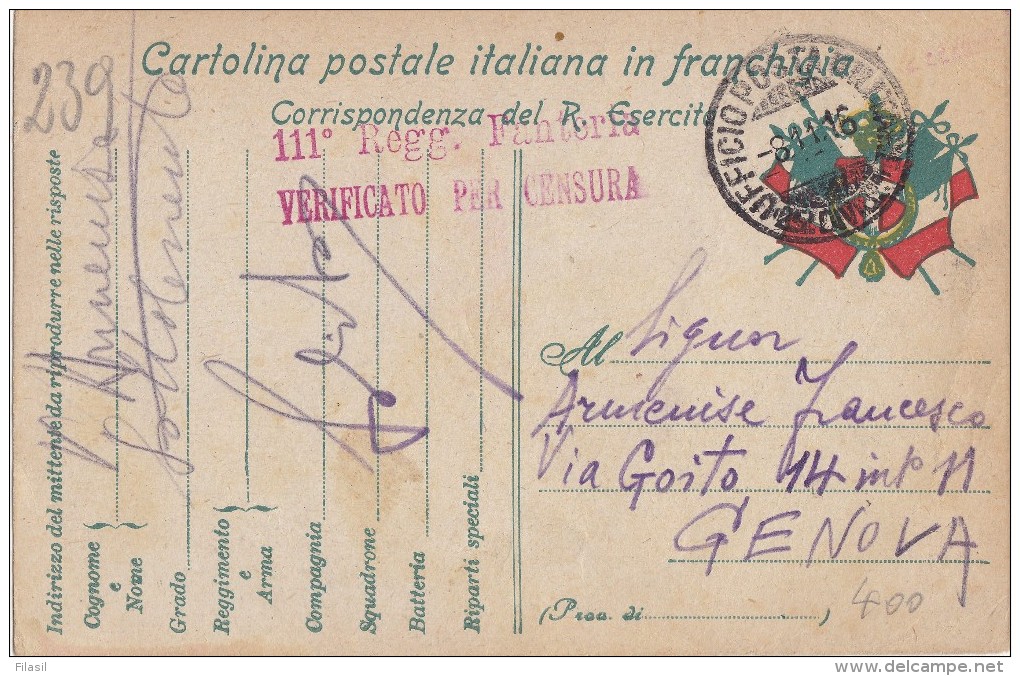 SI53D Italia Italy POSTA MILITARE Cartolina Franchigia 111 REG. FANTERIA 8/11/16 UFFICIO POSTA MILITARE 22° DIVISIONE - Military Mail (PM)