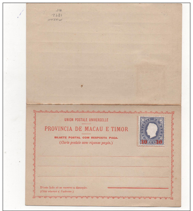 Bilhete Postal 30 On 200 Reis Com Resposta Paga, Unused 1892 - Timor