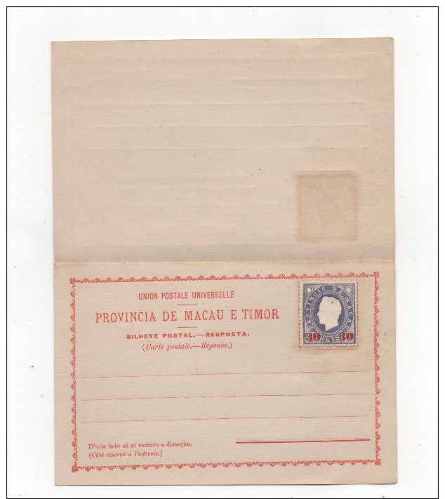 Bilhete Postal 30 On 200 Reis Com Resposta Paga, Unused 1892 - Timor