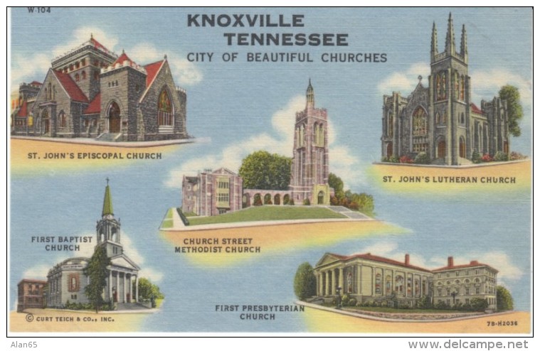 Knoxville Tennessee, Churches, Architecture, C1940s Vintage Curteich Linen Postcard - Knoxville