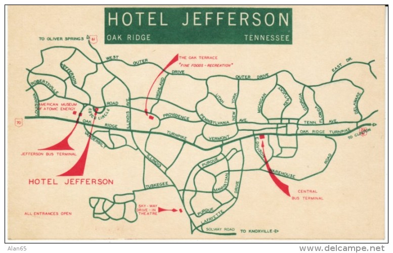 Oak Ridge Tennessee,  Hotel Jefferson, Map Of Area, Atomic Energy Museum, C1950s Vintage Postcard - Oak Ridge