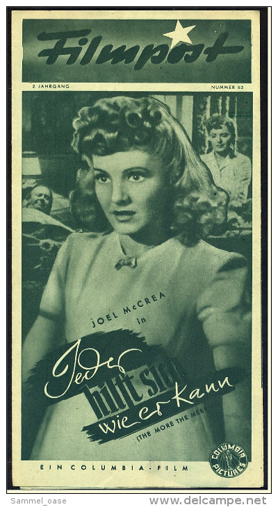 "Filmpost" "Jeder Hilft Sich Wie Er Kann" Mit Jean Arthur , Joel McCrea  -  Filmprogramm Nr. 62 Von Ca. 1948 - Other & Unclassified