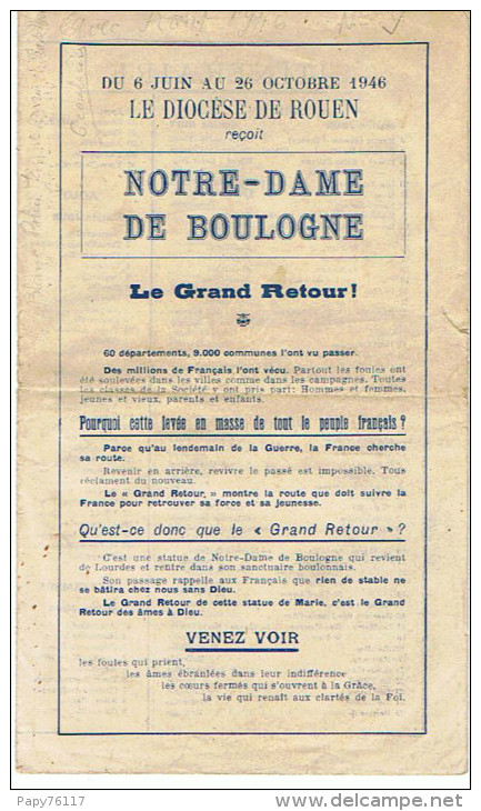 Du 6 Juin Au 26 Octobre 1946LE DIOCESE DE ROUEN RECOIT NOTRE DAME DE BOULOGNE  Document En 4 Pages - Documents Historiques