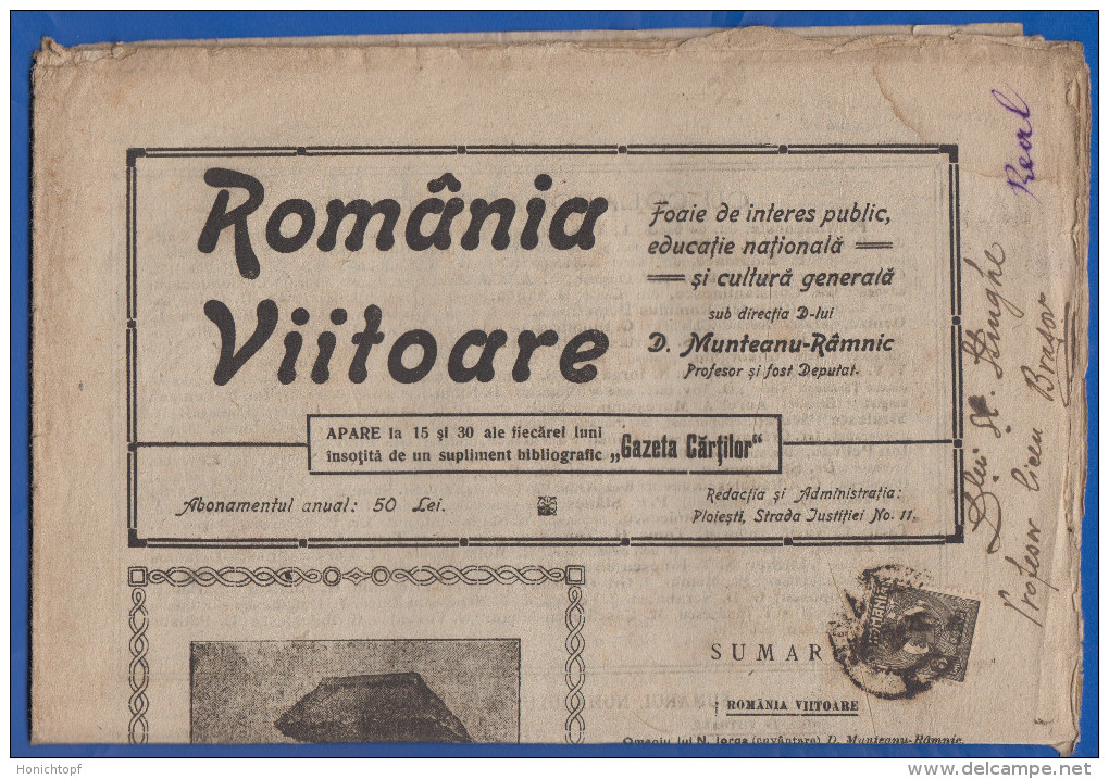 Rumänien; Wrapper 1922; Michel 264; Zeitung Romania Viitoare Nr. 10; 8 Seiten; Ohne Gazeta Cartilor - Covers & Documents