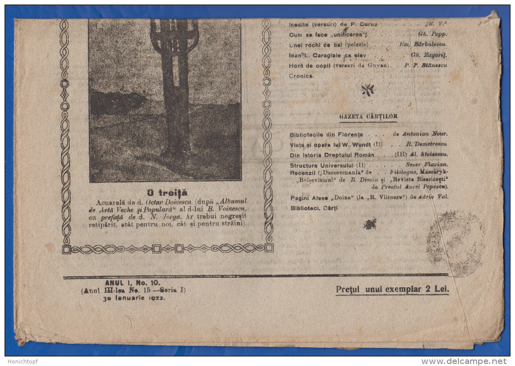 Rumänien; Wrapper 1922; Michel 264; Zeitung Romania Viitoare Nr. 10; 8 Seiten; Ohne Gazeta Cartilor - Covers & Documents