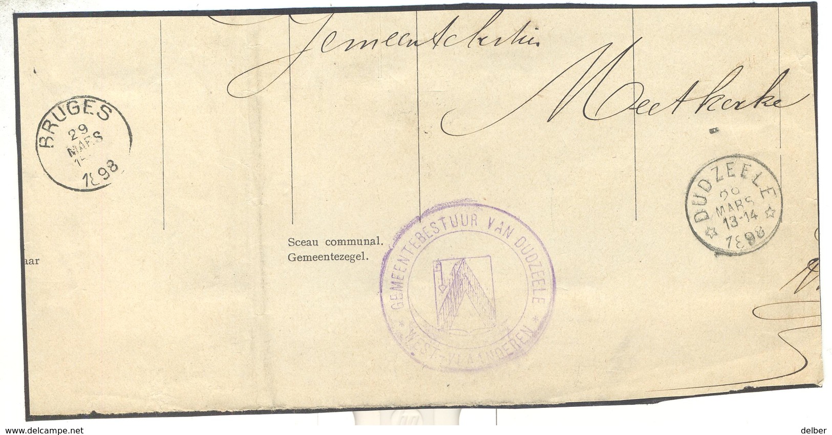 _ik120: * DUDZEELE * 28 MARS 13-14 1898 : Bericht Van Verblijfverandering> BRUGES 29 MARS 1898: Fragment Van Model Nr4 - Postmarks With Stars