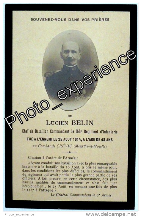 Faire Part Décès Photo Guerre 14-18 Militaire Régiment CREVIC Meurthe & Moselle 54 - Obituary Notices