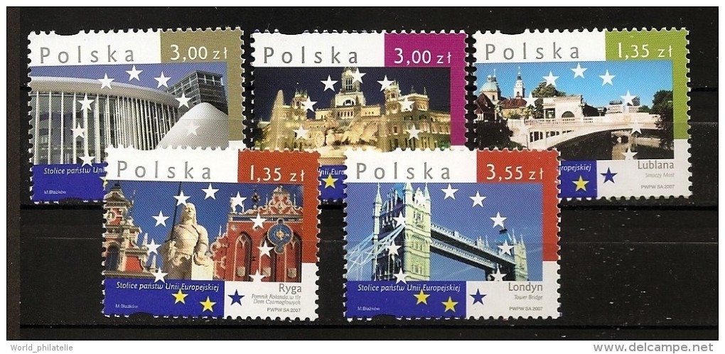 Pologne 2007 N° 4072 / 6 ** Europe, Riga, Chevalier Roland, Dragon, Madrid, Fontaine, Orchestre, Tower Bridge, Ljubljana - Ongebruikt