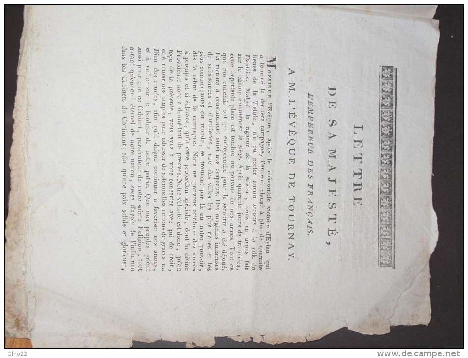 TOURNAI . MANDEMENT DE MONSIEUR L'EVEQUE DE TOURNAY - 12/6/1807- François Joseph HIRN -Suit Prise Ville Dantzig- - Documentos Históricos