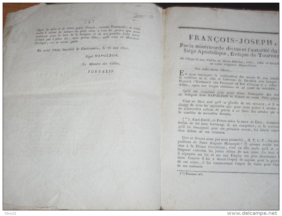 TOURNAI . MANDEMENT DE MONSIEUR L'EVEQUE DE TOURNAY - 12/6/1807- François Joseph HIRN -Suit Prise Ville Dantzig- - Documentos Históricos