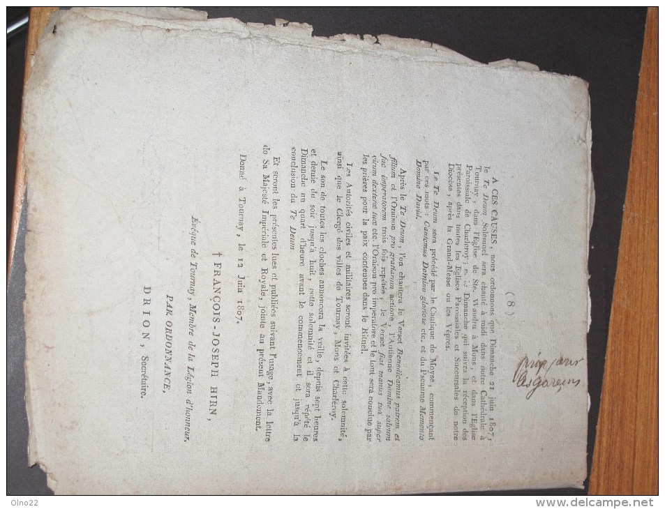 TOURNAI . MANDEMENT DE MONSIEUR L'EVEQUE DE TOURNAY - 12/6/1807- François Joseph HIRN -Suit Prise Ville Dantzig- - Documents Historiques