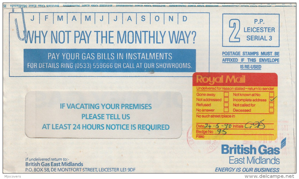 1990 BRITISH GAS East Midlands ADVERT COVER GB Prepaid Ppi Stamps RETURNED TO SENDER POST LABEL  Peterborough Energy - Gaz