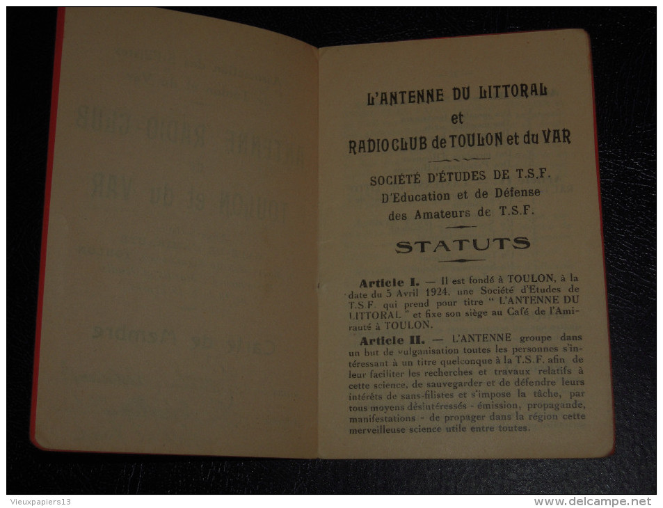 Radio TSF Rare Carte De Membre De 1932 Association Des S.Filistes De Toulon Et Du Var/Café De L'Amirauté Toulon - Altri & Non Classificati