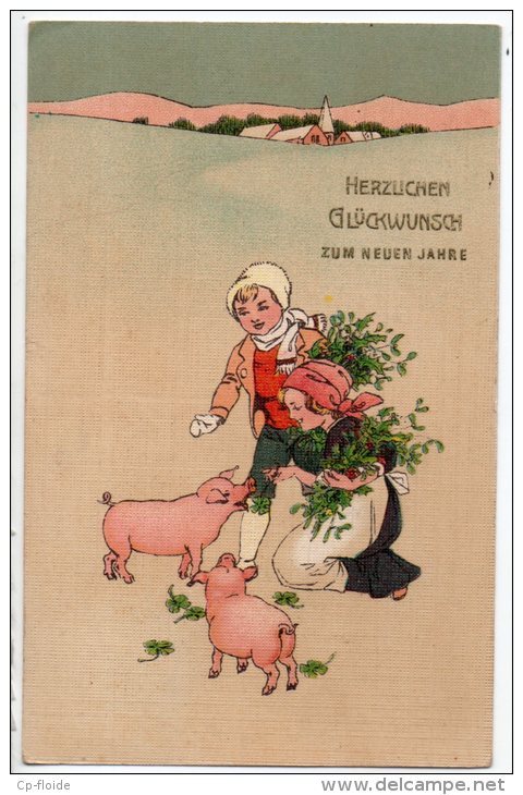 ENFANTS . COCHONS . HERZUCHEN GLÜCKWUNSCH ZUM NEUEN JAHRE - Ref. N°7251 - - Scènes & Paysages