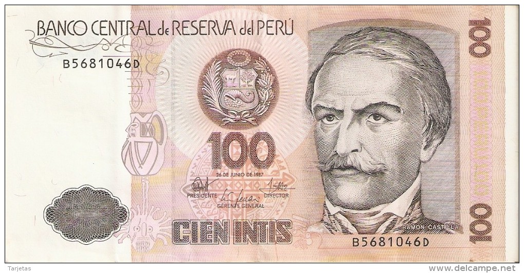 BILLETE DE PERU DE 100 INTIS DEL AÑO 1987 (BANKNOTE) - Perú