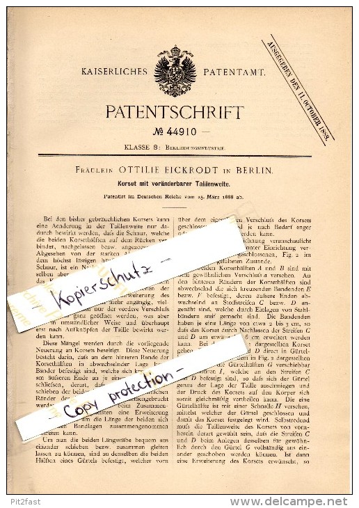 Original Patent - Ottilie Eickrodt In Berlin , 1888 , Corset , Korsett !!! - Ante 1900