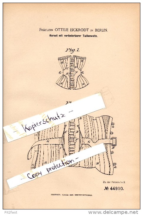 Original Patent - Ottilie Eickrodt In Berlin , 1888 , Corset , Korsett !!! - Avant 1900