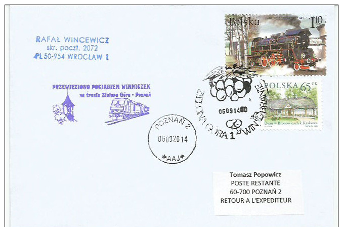 Poland 2014, Special Train Post In 700 Anniversary Of Wine Industry In Zielona Gora, Grape Picking. Locomotive. - Wines & Alcohols